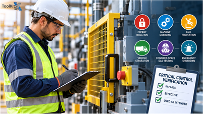 Safety supervisor checking a machine guard as part of critical control verification at an industrial worksite.